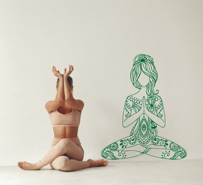 Yoga Girl Chakra Wall Decal, Yoga Studio Decor, Yoga Room Art, Floral Girl Yoga Decal, Yoga Stencil, Motivational Yoga Decor, Yoga Art nm173 - image1